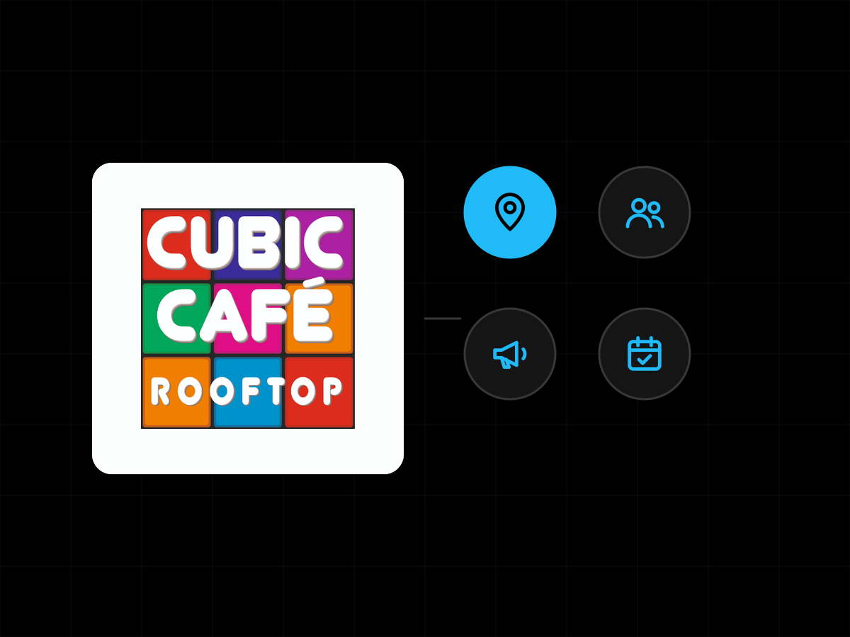 Cubic Cafe Rooftop: client logo with icons for the work in this case study