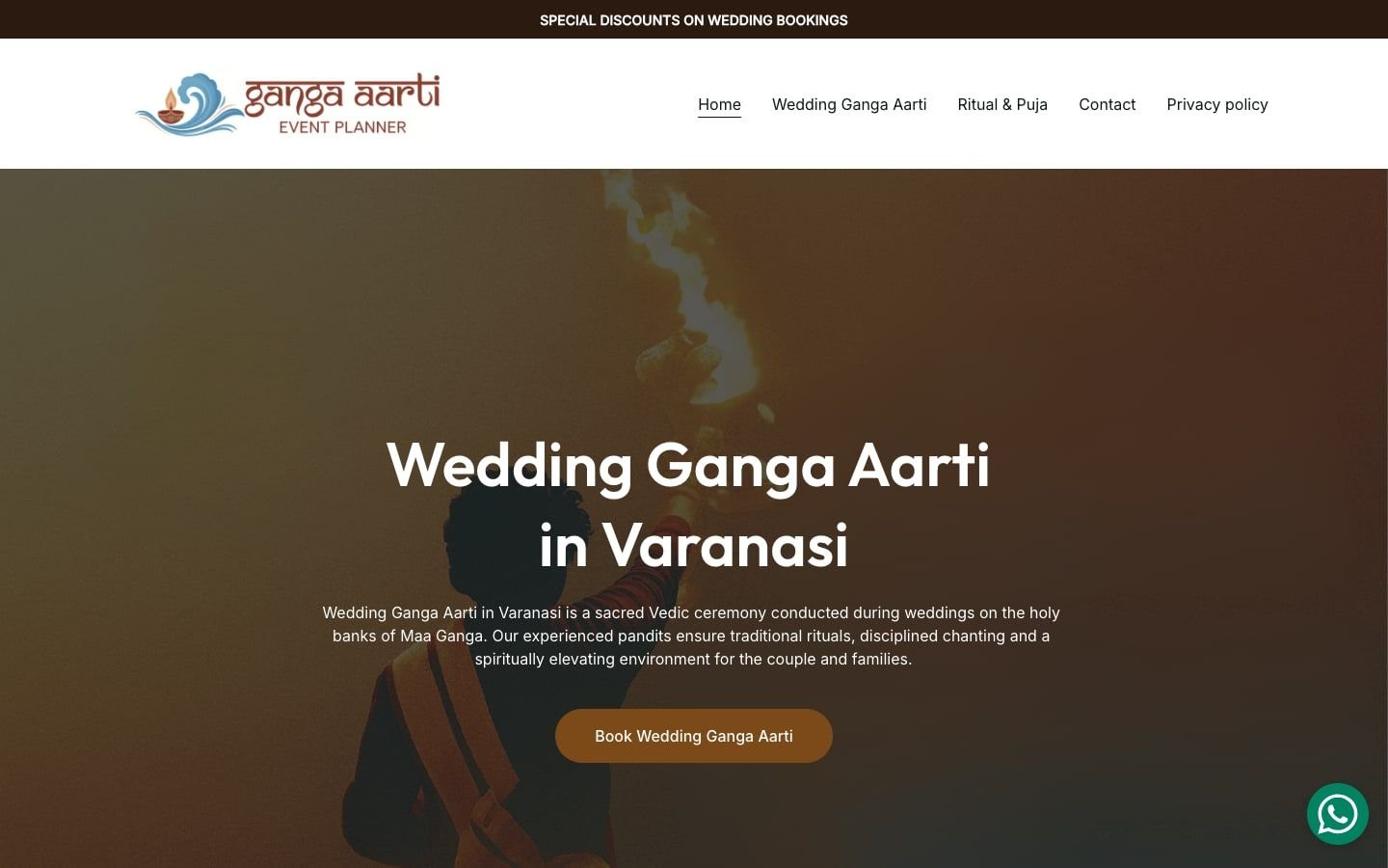 Screenshot of the Ganga Aarti Event Planner website, a client project by Advertizer