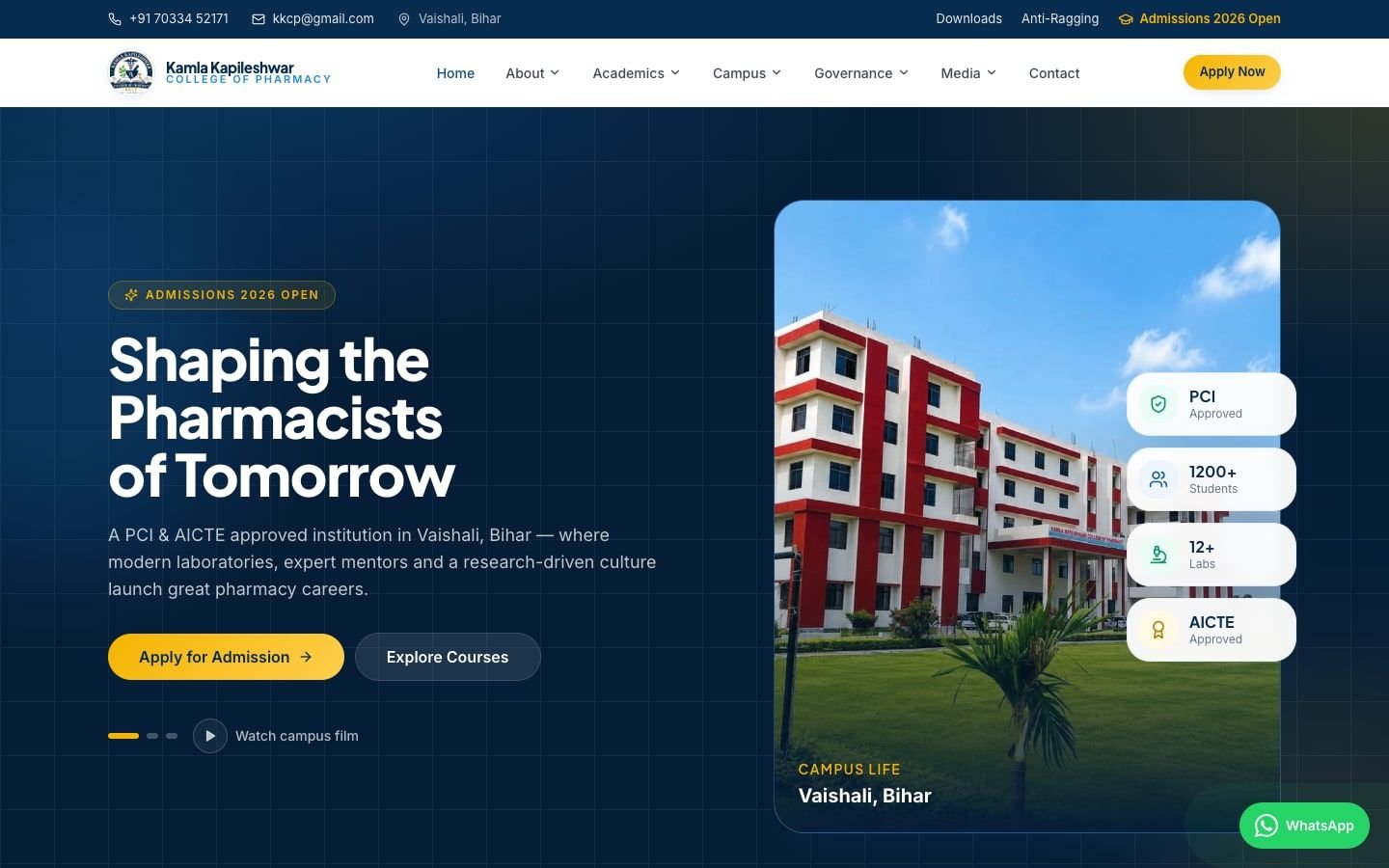 Screenshot of the Kamla Kapileshwar College of Pharmacy website, a client project by Advertizer