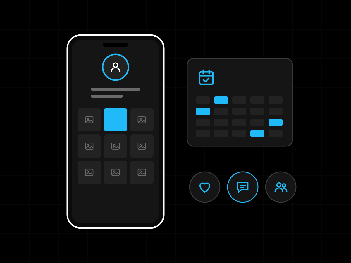 Illustration of a phone with a post grid beside a content calendar