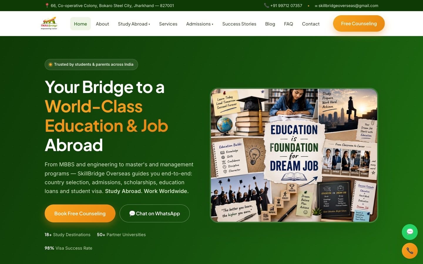 Screenshot of the SkillBridge Overseas website, a client project by Advertizer
