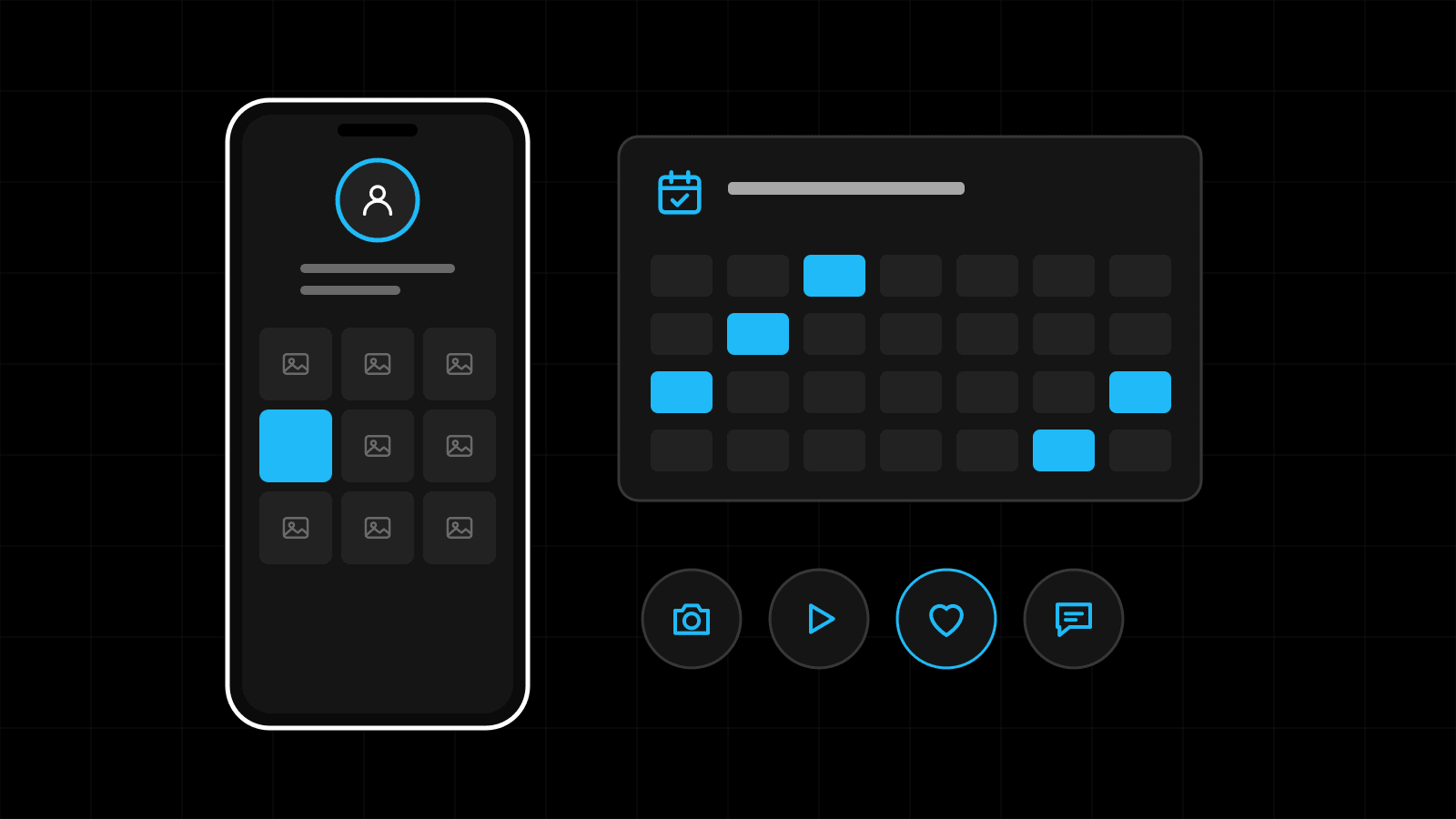 Illustration of a phone post grid beside a content calendar