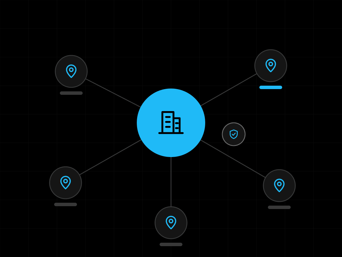 Illustration of city pins connected to one central brand